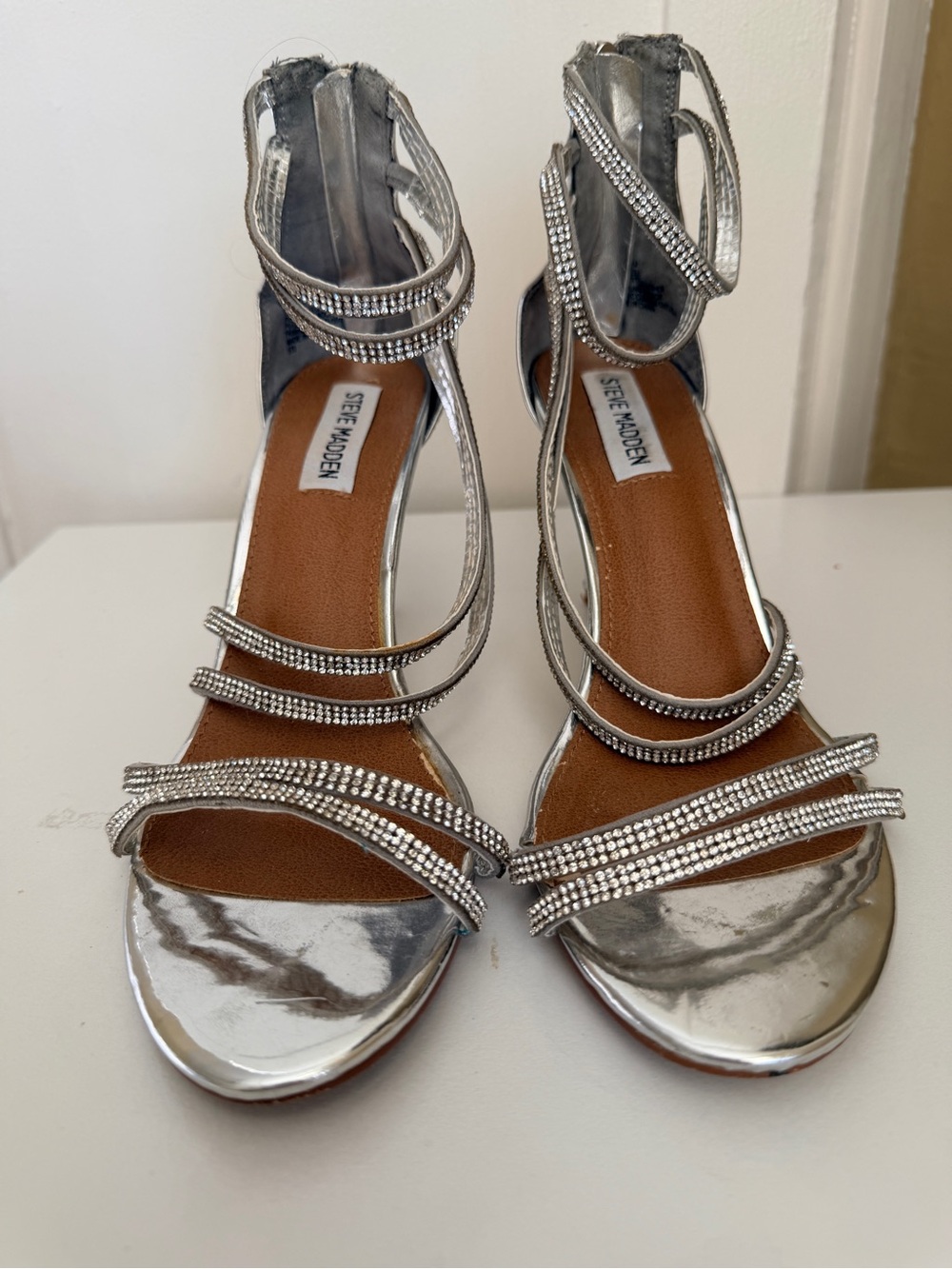 Steve Madden Silver Rhinestone Strappy Stiletto Heels Size 9 Y2K